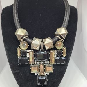 Statement Necklace Multi Color Black Costume Cord Faux Stones Cluster